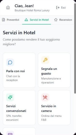 Area ospite aperta dal QR in camera con i servizi dell'hotel